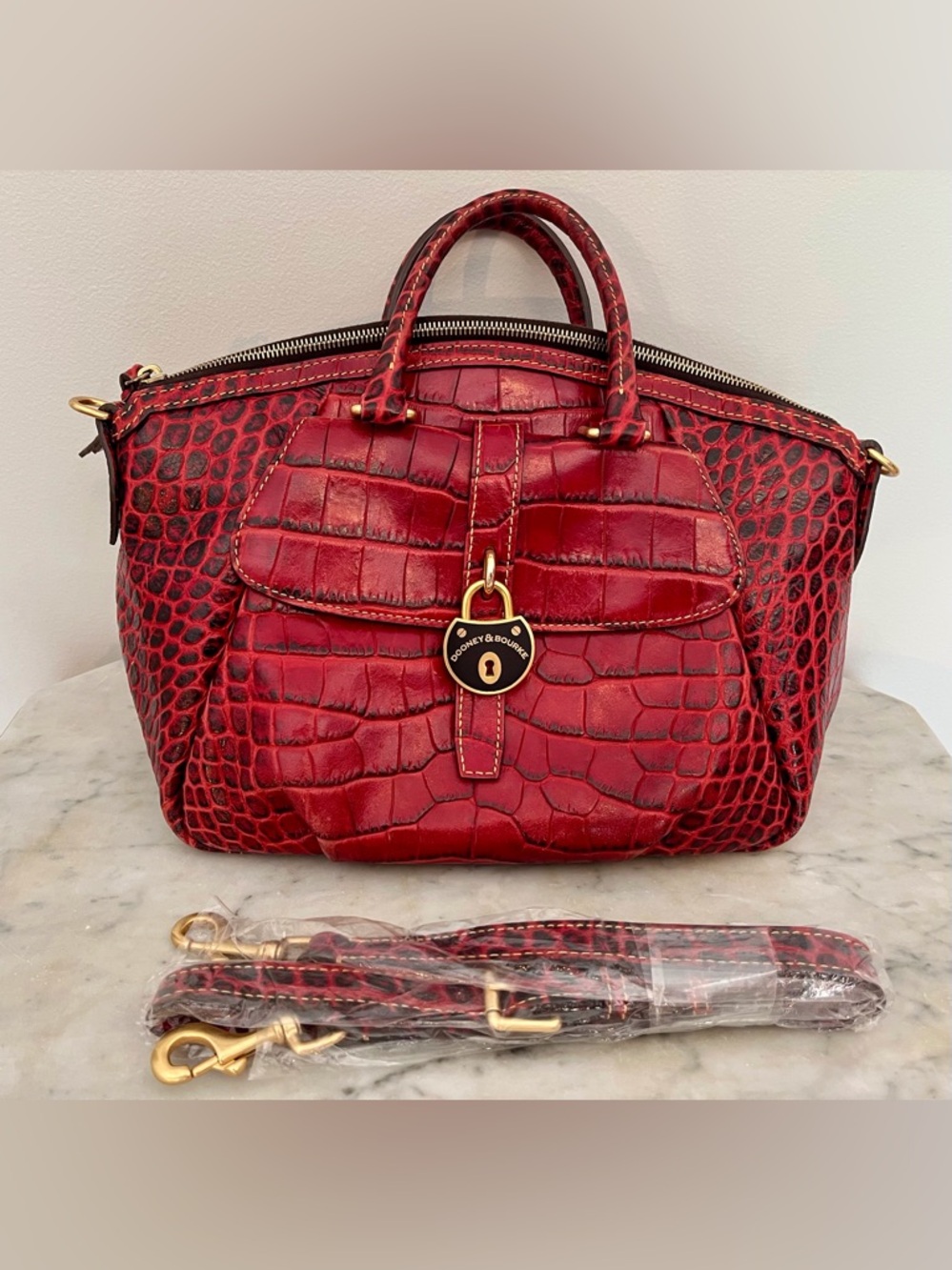 Dooney & Bourke Red Croc-Embossed Satchel with Gold Hardware - Picture 2 of 14